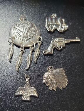 Silver Tone Native-Inspired Charms Set - Dreamcatcher, Revolver, Eagle, Chief